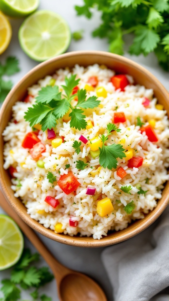 Coconut lime rice topped with mixed vegetables and cilantro in a bowl with lime slices.